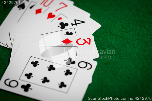 Image of poker hand of playing cards on green casino cloth