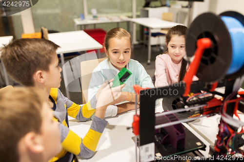 Image of happy children with 3d printer at robotics school