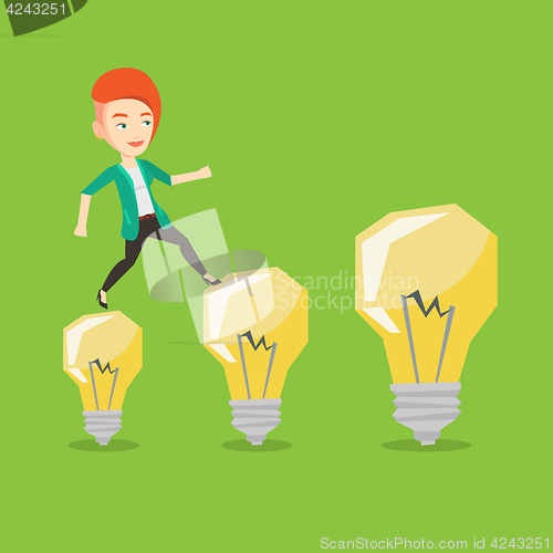 Image of Business woman jumping on light bulbs.