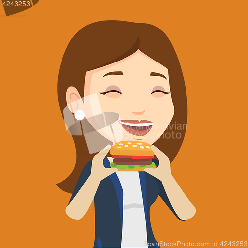 Image of Woman eating hamburger vector illustration.