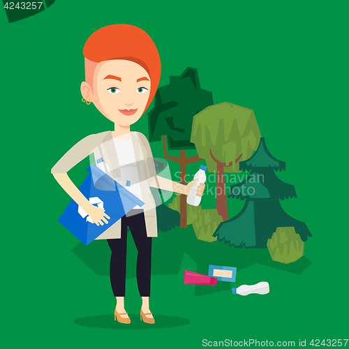 Image of Woman collecting garbage in forest.