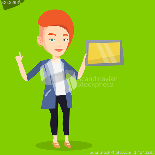Image of Student using tablet computer vector illustration.