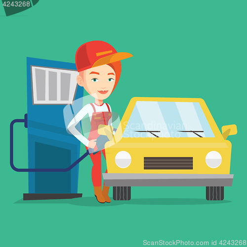 Image of Worker filling up fuel into car.