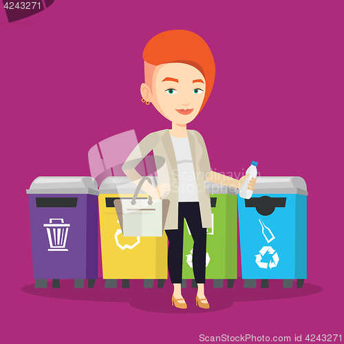 Image of Woman throwing away plastic bottle.