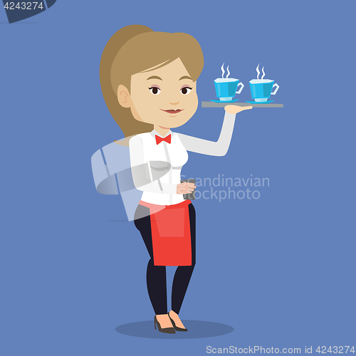 Image of Waitress holding tray with cups of coffeee or tea.