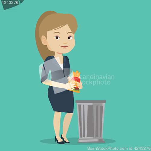 Image of Woman throwing junk food vector illustration.