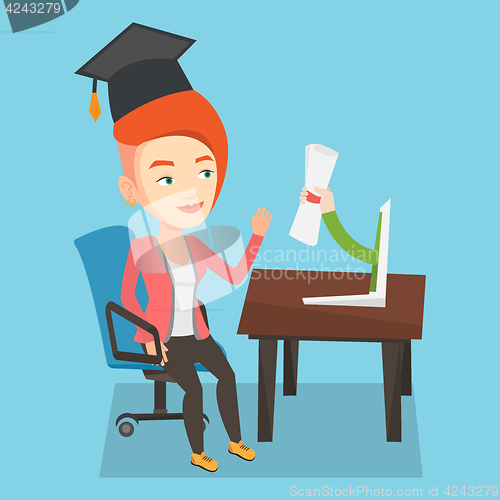 Image of Graduate getting diploma from the computer.