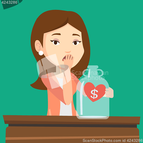 Image of Bankrupt woman looking at empty money box