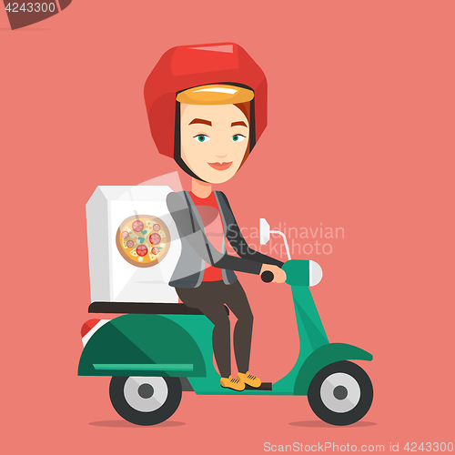 Image of Woman delivering pizza on scooter.