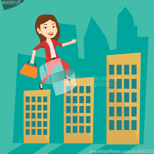 Image of Business woman walking on the roofs of buildings.