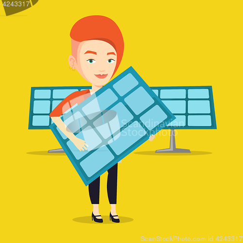 Image of Woman holding solar panel vector illustration.