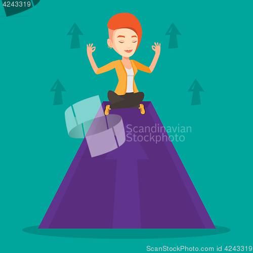 Image of Peaceful business woman meditating in lotus pose.
