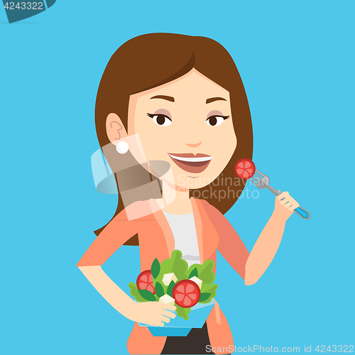 Image of Woman eating healthy vegetable salad.