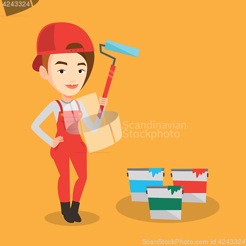 Image of Painter holding paint roller vector illustration.