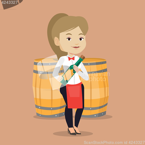 Image of Waitress holding bottle of alcohol.