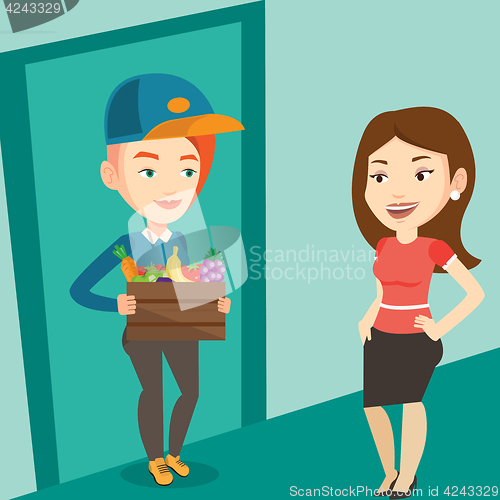 Image of Delivery courier delivering groceries to customer.