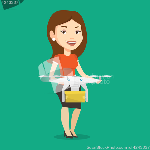 Image of Woman controlling delivery drone with post package