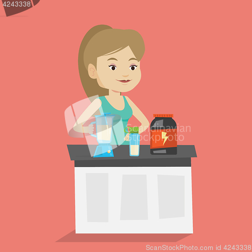 Image of Young woman making protein cocktail.