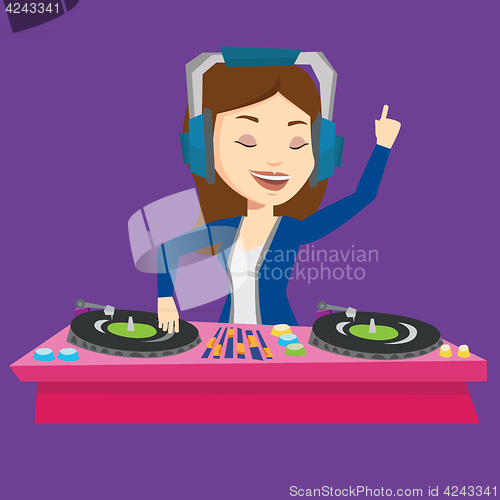 Image of DJ mixing music on turntables vector illustration.