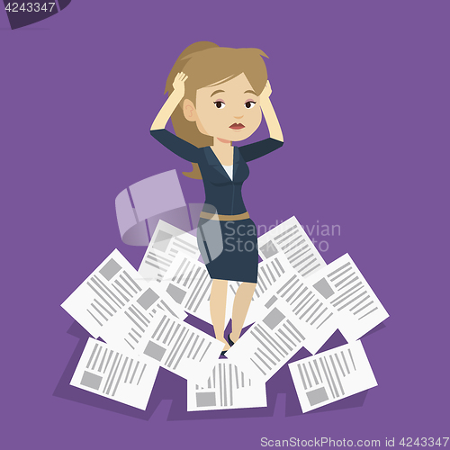 Image of Stressed business woman having lots of work to do.