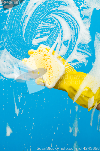 Image of Person washes window with sponge