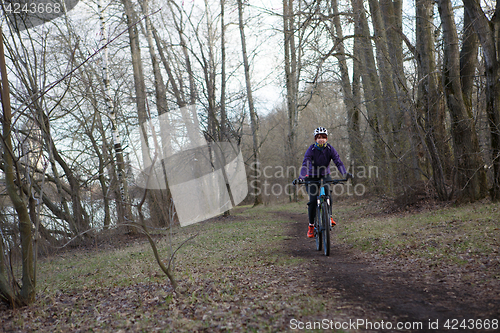 Image of Woman in helmet riding bicycle