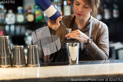 Image of barmaid with shaker preparing cocktail at bar
