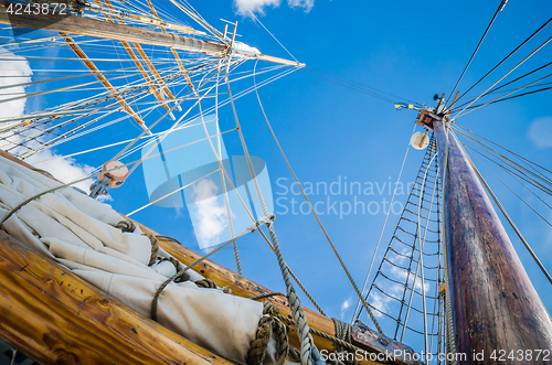 Image of Folded sail and mast on an old sailboat