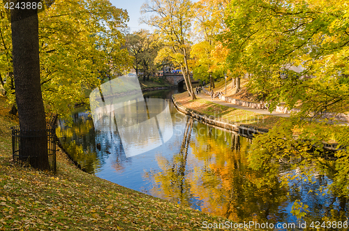 Image of Beautiful autumn park at the channel in Riga