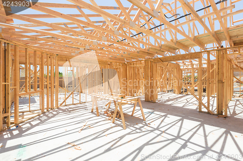 Image of Wood Home Framing Abstract At Construction Site.