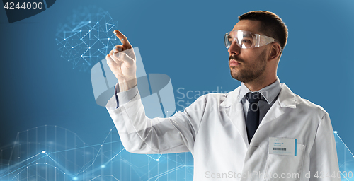 Image of doctor or scientist in lab coat and safety glasses