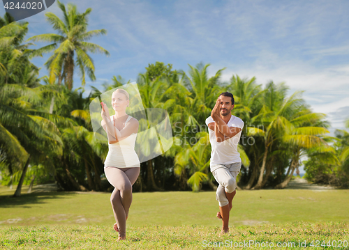 Image of smiling couple making yoga exercises outdoors