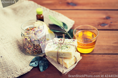 Image of close up of handmade soap bars on wood