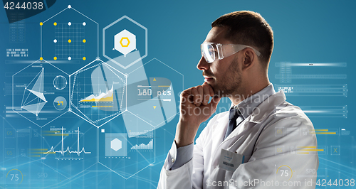 Image of doctor or scientist in lab coat and safety glasses