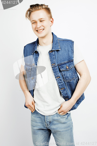 Image of young handsome teenage hipster guy posing emotional, happy smiling against white background isolated, lifestyle people concept closeup