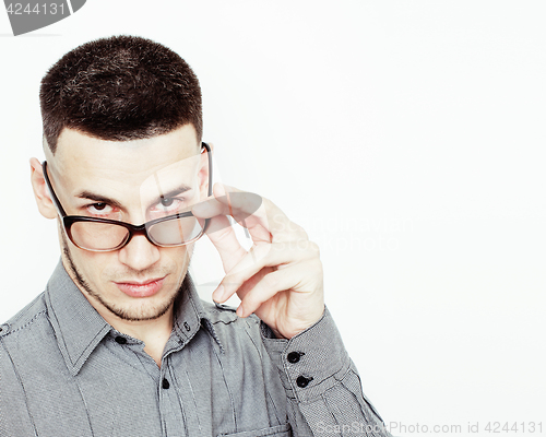 Image of young handsome asian man hipster in glasses on white background, lifestyle people concept closeup