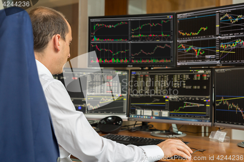 Image of Rear view of stock trader analyzing data at multiple computer screens.