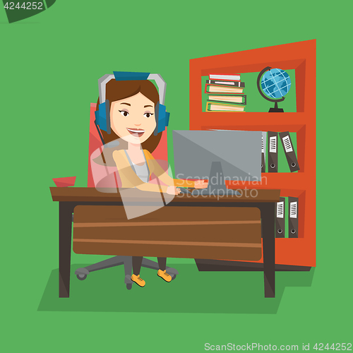 Image of Business woman with headset working at office.