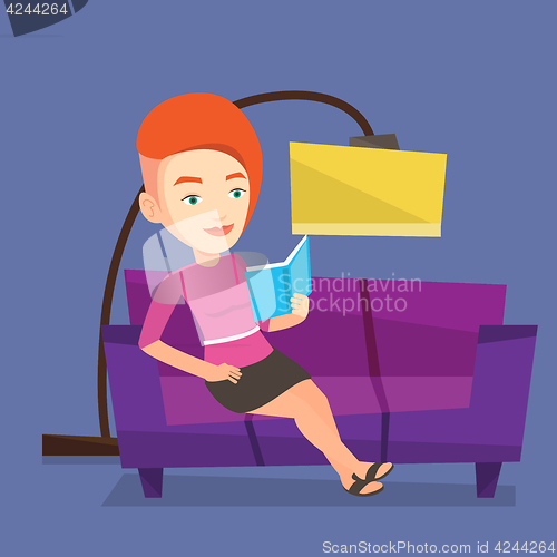 Image of Woman reading book on sofa vector illustration.