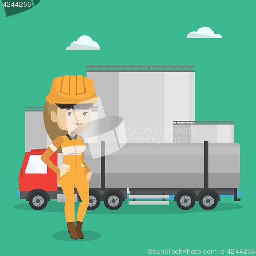 Image of Worker on background of fuel truck and oil plant.