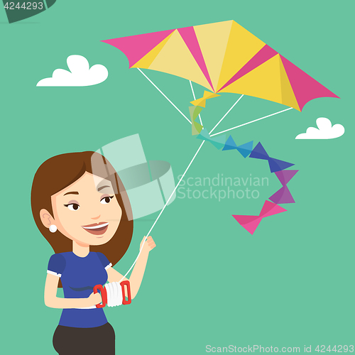 Image of Young woman flying kite vector illustration.