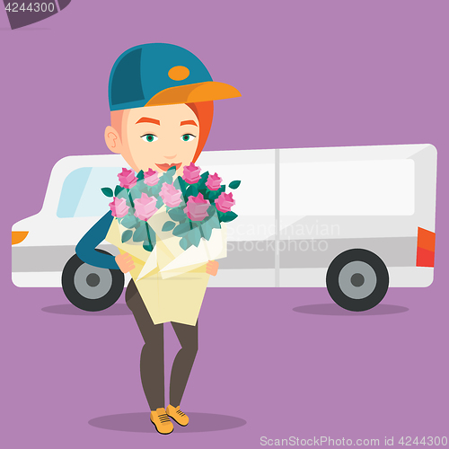 Image of Delivery courier holding bouquet of flowers.