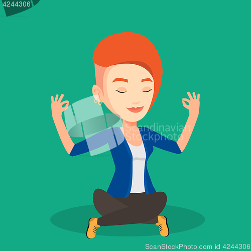 Image of Businessman meditating in lotus position.
