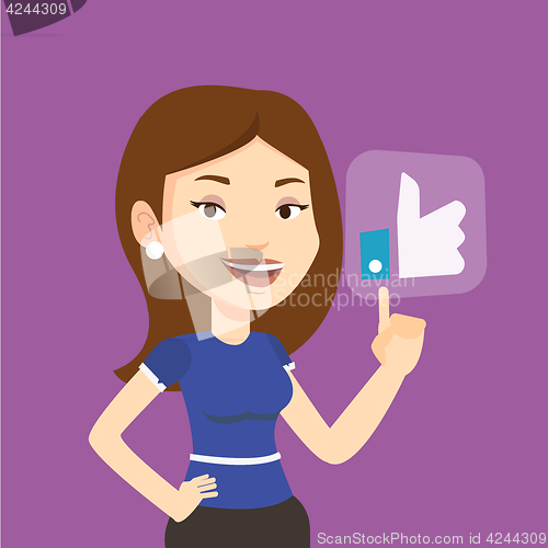 Image of Woman pressing like button vector illustration.