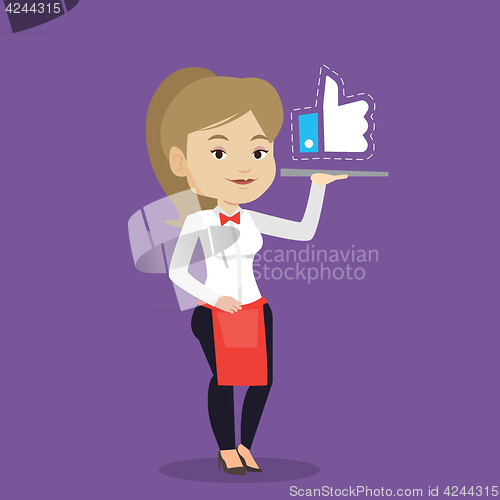 Image of Waitress with like button vector illustration.