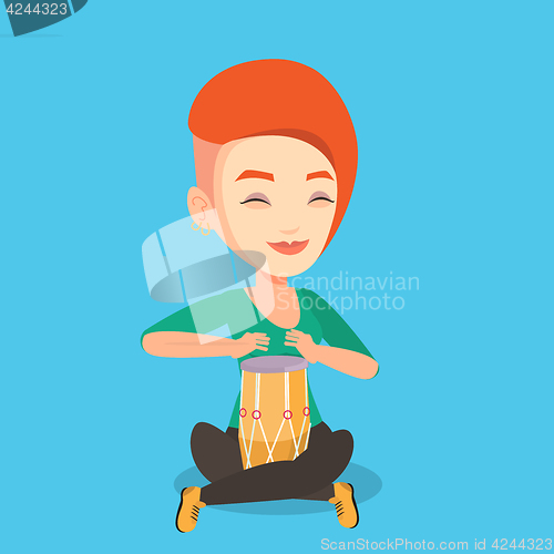 Image of Woman playing ethnic drum vector illustration.