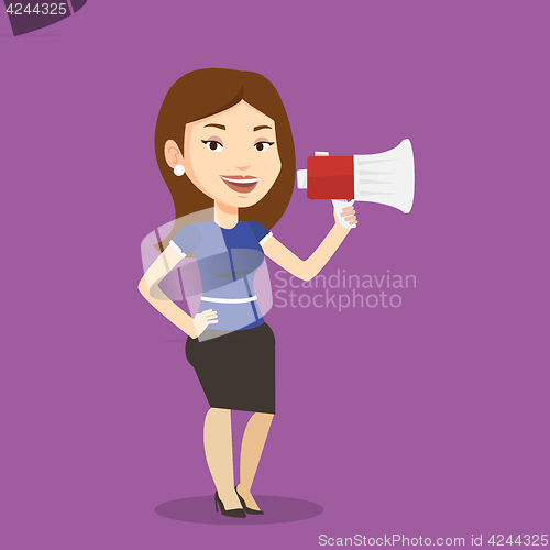 Image of Business woman speaking into megaphone.