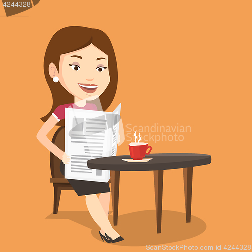 Image of Woman reading newspaper and drinking coffee.