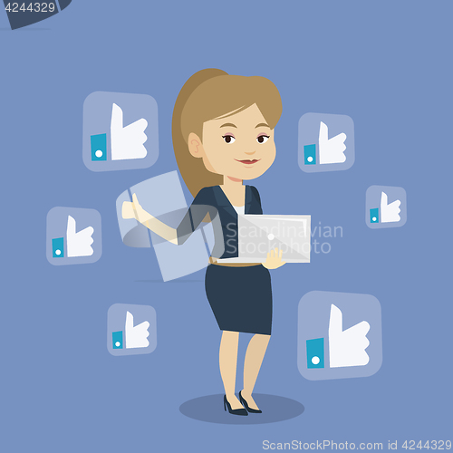 Image of Woman with like social network buttons.