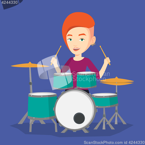 Image of Woman playing on drum kit vector illustration.